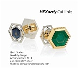 2014 AGTAS Specturm 2nd place Men's Wear "HEXactly" Cufflinks - Double-sided convertible Cufflinks in 18K yellow and 19K white gold. One side is bezel set with faceted hexagonal emerald crystal slices accented with natural fancy intense yellow diamonds. The other side is bezel set with faceted hexagonal sapphire crystal slices. Cufflinks are designed to be fully interchangeable with a double bayonet fitting and both sides of the links are removable so that other fronts and backs could be used to give a gentleman a wardrobe of cufflinks. 2014 AGTAS Specturm 2nd place Men's Wear "HEXactly" Cufflinks